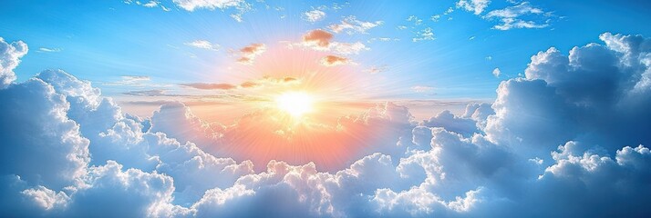 Wall Mural - Cloudscape Summer Landscape Sky with Fluffy Clouds Sunlight Sunbeams Golden Hour