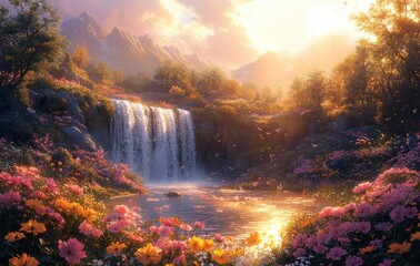 Wall Mural - Vibrant Fantasy Garden with Colorful Flowers and Cascading Waterfalls Under Warm Sunlight