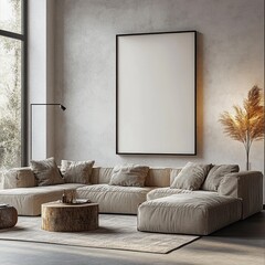 Poster - Minimalist Living Room Frame Mockup Modern Interior Design Soft Lighting Scandinavian Style