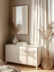Poster - Minimalist Scandinavian Interior Scene with White Dresser and Soft Natural Light