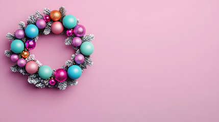 Wall Mural - Colorful christmas wreath decoration on pink background holiday decor festive setting cheerful vibe close-up perspective