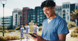 © CoetzeeRising/peopleimages.com - Happy man, nurse and student with tablet for internship, med school or healthcare course at campus. Male person, medical trainee or junior candidate with smile on technology for health study or app