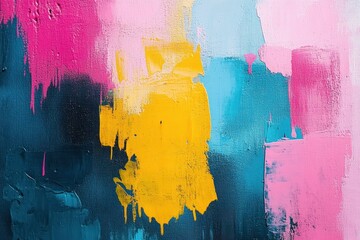 Poster - Vibrant Abstract Painting with Yellow Pink Teal Splashes on Textured Canvas