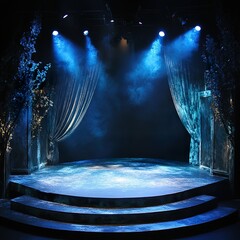 Poster - Enthralling Theater Stage: Blue Lighting and Dark Curtains