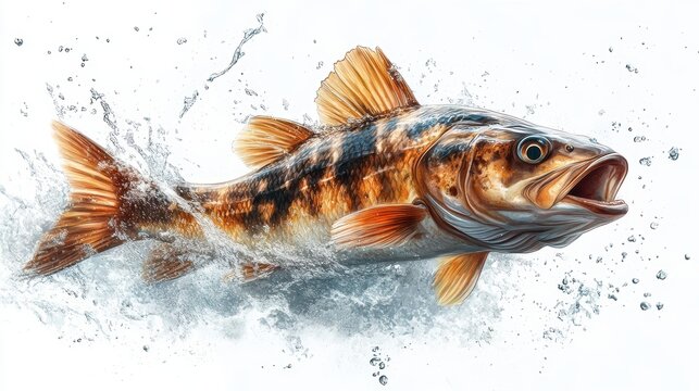 flat vector simple design of a freshwater fish in motion with splashing water on a white background. copy space, 2/3 empty space for text. ultra realistic