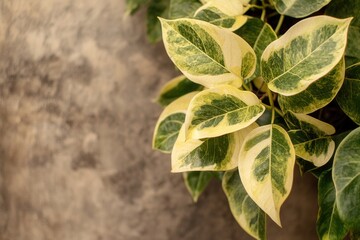 Poster - Green and yellow variegated leaves against a textured wall.