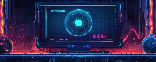 Poster - A vibrant, futuristic display featuring a glowing circle and data visualizations, set against a dark background with neon accents.