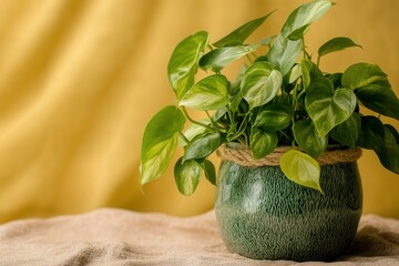 Wall Mural - Green plant in a decorative pot on a textured surface.