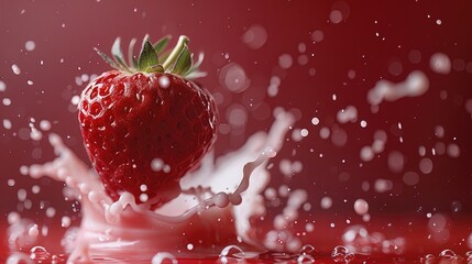 Aufkleber - One strawberry falling the surface of the yogurt wall with splash on red gradient background.
