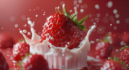 Aufkleber - One strawberry falling the surface of the yogurt wall with splash on red gradient background.