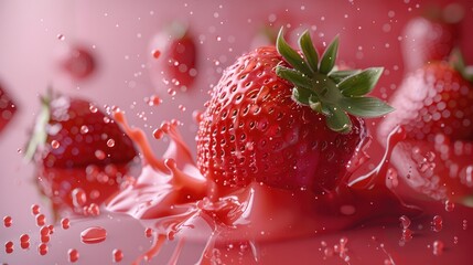 Aufkleber - One strawberry falling the surface of the yogurt wall with splash on red gradient background.