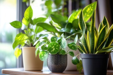 Poster - Indoor plants arranged on a table by a window.