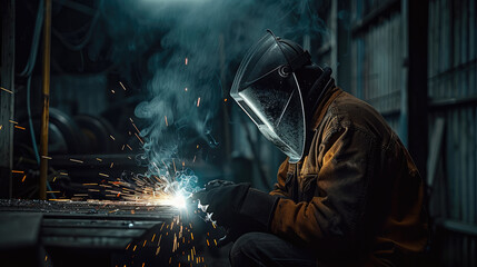 Poster - Scary welder in the dark on a farm.