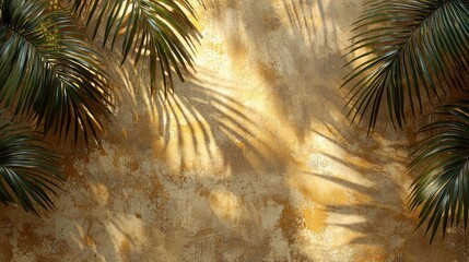 Poster - Sunlight filters through lush palm leaves, creating an intricate pattern of shadows on a warm, textured wall. This moment captures the serenity of a tranquil tropical setting