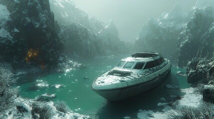 Wall Mural - Abandoned Yacht in a Snowy Fjord: A Serene Winter Landscape