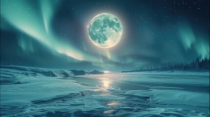 Poster - Winter, beautiful sky, universe, northern lights, full moon.