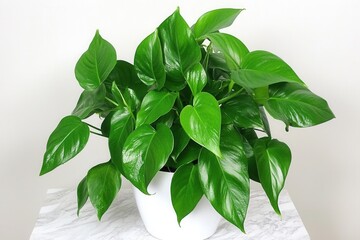 Poster - Lush green houseplant in a white pot on a marble surface.