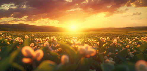 Poster - A beautiful soybean field with a sunset in the background.