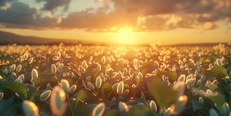 Poster - A beautiful soybean field with a sunset in the background.