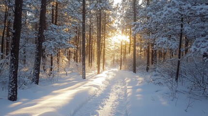 Aufkleber - Sunlight filters through towering pines in a peaceful snowy forest, casting a warm glow across the pristine trail. A tranquil atmosphere invites exploration and reflection amidst nature's beauty