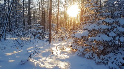 Aufkleber - Sunlight filters through a tranquil forest, casting a warm glow on the fresh snow covering the ground and delicate branches. The scene evokes a sense of peace and stillness