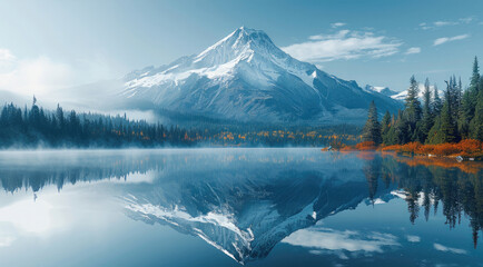 Poster - A tall mountain above a lake, with a clear reflection in the water.