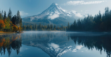 Poster - A tall mountain above a lake, with a clear reflection in the water.