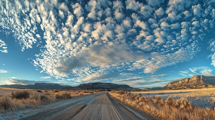 Aufkleber - A serene rural road stretches into the distance, framed by golden grass and vibrant mountains under a captivating blue sky