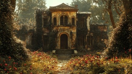 Poster - Enigmatic Abandoned Mansion Overgrown by Nature