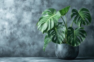 Poster - Lush green plant in a textured gray pot on a surface.