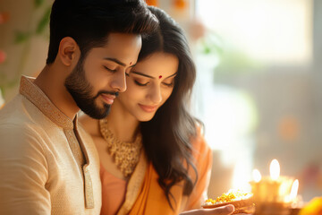 Wall Mural - young couple celebrating indian festival. both wearing kurta, inside puja room