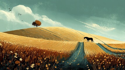 Canvas Print - Solitude in Golden Fields: A Horse in a Serene Landscape