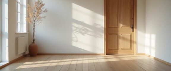 Poster - A serene, sunlit room features a wooden door and a stylish vase with dried plants, casting soft shadows on the light wooden floor. This tranquil space embodies modern minimalism, inviting calmness and