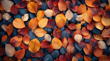 Poster - Vibrant autumn forest with golden, orange, and red leaves carpeting the ground.