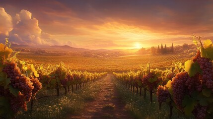 Poster - Vineyard Path at Sunset Golden Hour Landscape