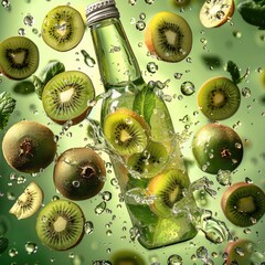 Poster - A kiwi-flavored drink. on green background. the bottle of the drink be in the air just like the kiwi slices.