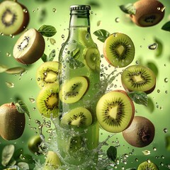 Poster - A kiwi-flavored drink. on green background. the bottle of the drink be in the air just like the kiwi slices.