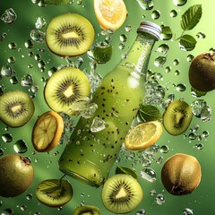 Poster - A kiwi-flavored drink. on green background. the bottle of the drink be in the air just like the kiwi slices.