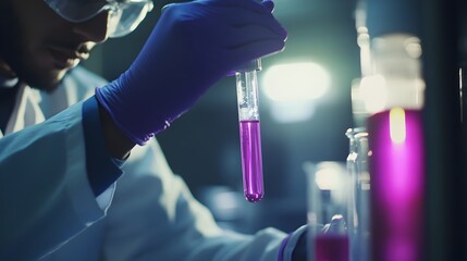Poster - Scientist Conducting Scientific Experiment in Lab with Glass Vials and Equipment