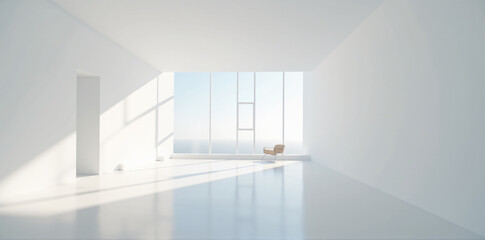 Poster - A minimalist room features white walls and large windows allowing natural light to flood in, with a single chair creating a serene and open atmosphere for interior design.