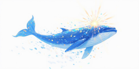 Poster - An illustration of a majestic blue whale gliding through the water, illuminated by sparkles and light, creates a serene and magical underwater scene for art.