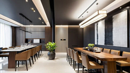 Poster - A sophisticated dining area showcases a long wooden table set for a meal, with modern decor and stylish lighting, creating an inviting atmosphere for gatherings.