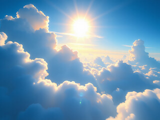 Poster - A bright blue sky filled with fluffy white clouds and a radiant sun shining down creates a serene and uplifting atmosphere for landscapes.