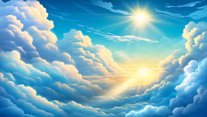Poster - A stunning sky scene depicts fluffy clouds illuminated by the bright sun, creating a serene and uplifting atmosphere filled with vibrant light for landscapes.