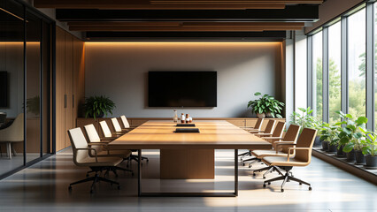 Poster - A spacious modern conference room features a large wooden table surrounded by ergonomic chairs, with glass walls and abundant greenery visible through the windows for business.