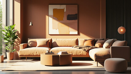 Poster - A cozy living room features a plush sofa in warm tones, accented by decorative cushions and a large artwork on the wall, illuminated by natural light for interior design.
