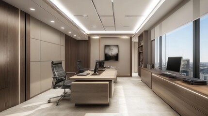 Poster - Modern Executive Office With City View And Wooden Accents