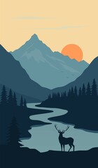 Wall Mural - mountain landscape with river and deer