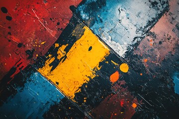 Wall Mural - Abstract textured painting with bold splashes of red, blue, yellow, and black in a geometric composition with a distressed, grunge aesthetic