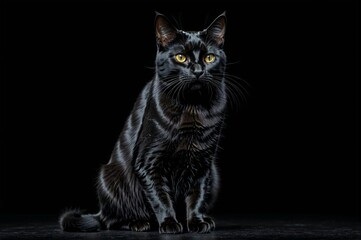 Wall Mural - A black cat with yellow eyes is sitting on a black surface